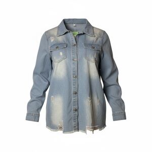 NWT Distressed Longline Denim Shacket • Light Wash Jean Jacket Women’s L